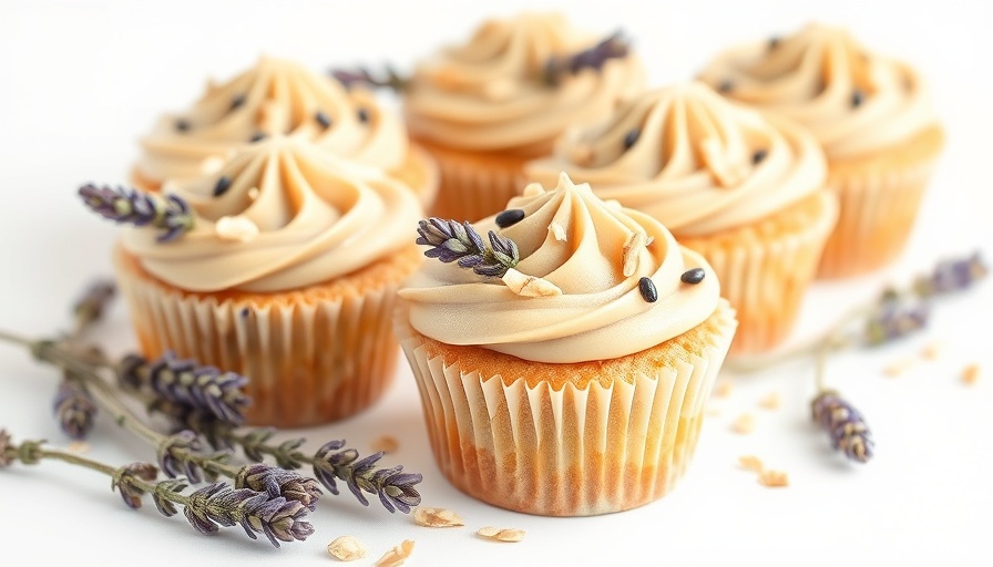 Elegant lavender oatmeal soap cupcakes with lavender sprigs on white