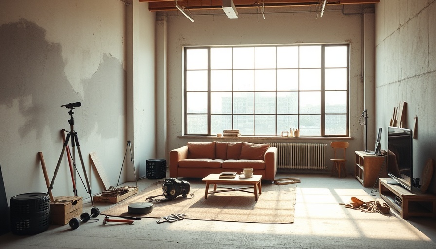 Modern living room during home renovation with tools and unfinished walls.
