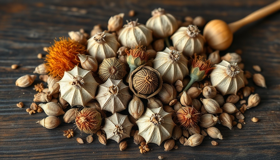 Dried flowers and seed pods on rustic table for drying and preserving.