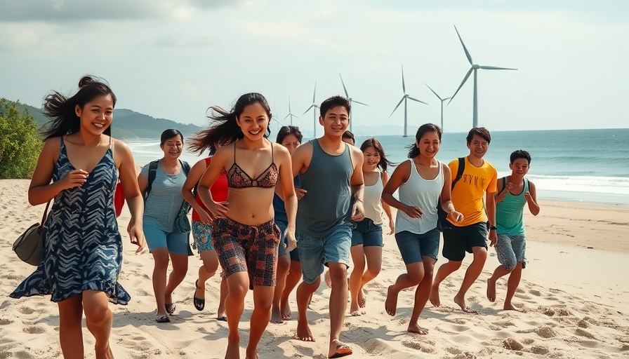 People on Southeast Asian beach with wind turbines, symbolizing wind power development.