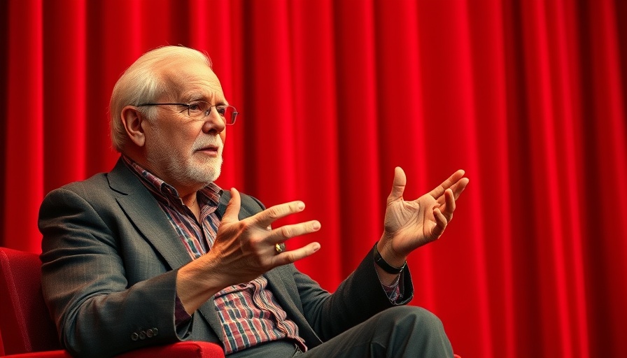 Elderly man speaking on stage, red backdrop, discussing issues.