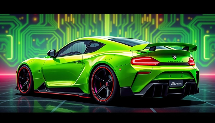 Stylized neon Tesla car against a digital circuit background.