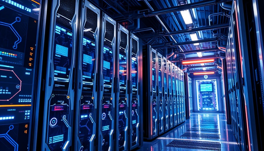 Tesla Dojo AI supercomputer in a futuristic server room with glowing lights.