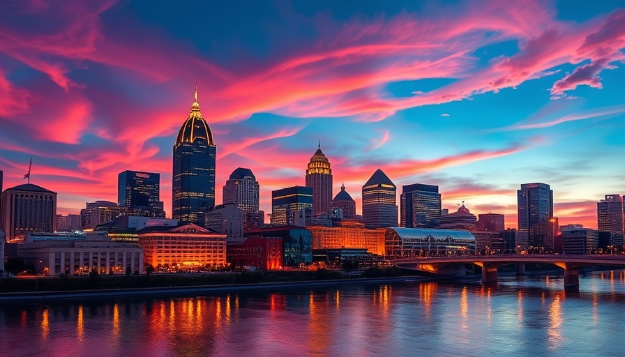 Indianapolis skyline at dusk with river reflections, vibrant architecture.