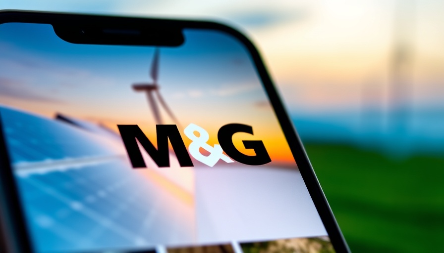 M&G logo on smartphone screen with renewable energy theme.