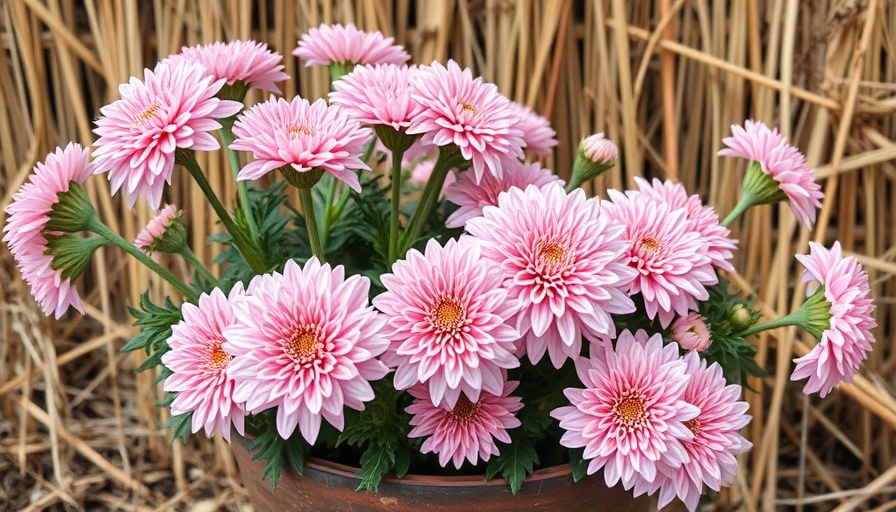 Beautiful pink mum flowers in pot on straw, how to care for mum flowers.