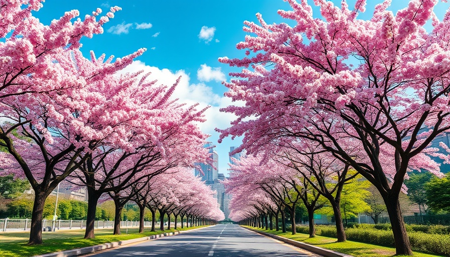 Roadway view of Raleigh skyline with floral trees and clear sky.