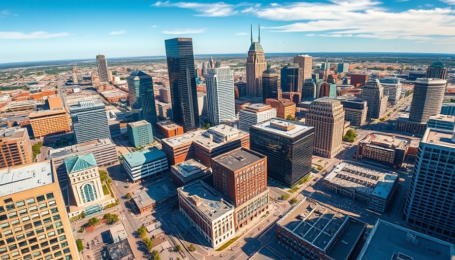 Oklahoma City skyline under a bright blue sky.