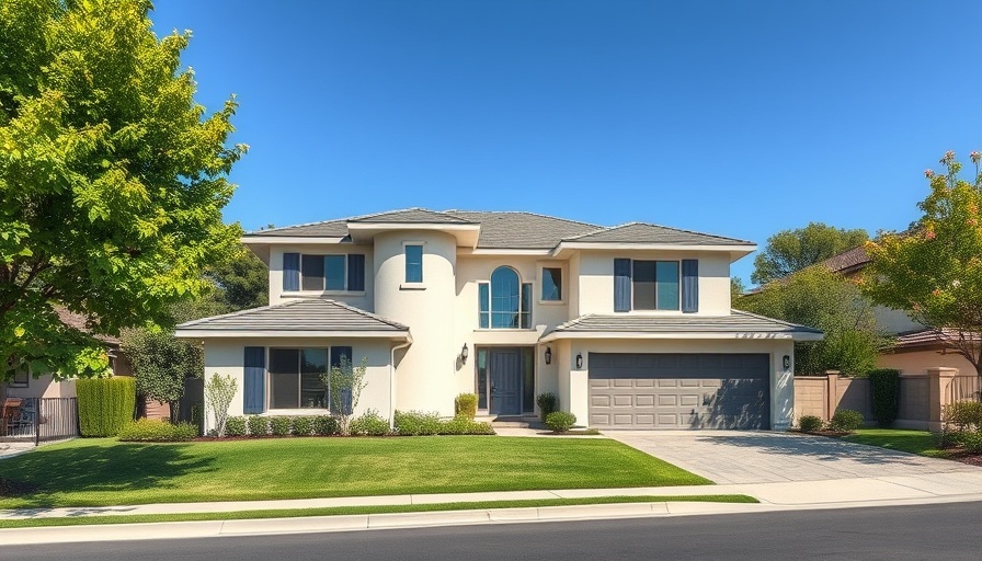 Modern suburban house for sale on a bright sunny day, showcasing landscaped front yard and driveway.