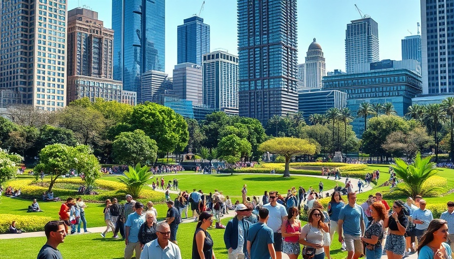People enjoying an urban park with skyscrapers in the background, suggesting vibrant community life near homes for sale.