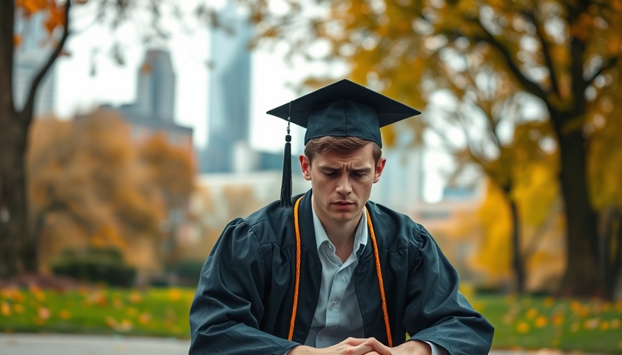 Frustrated recent grad in park reflecting unemployment.