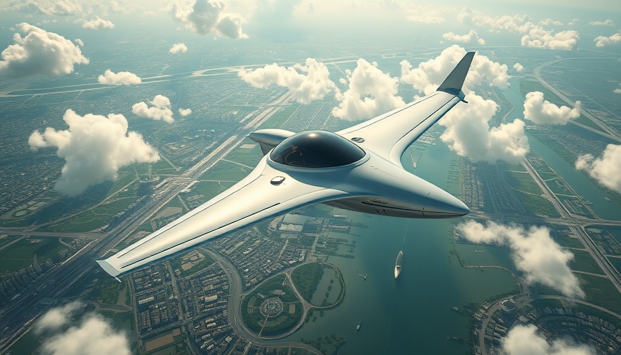 Sleek hybrid-electric aircraft flying over cityscape.