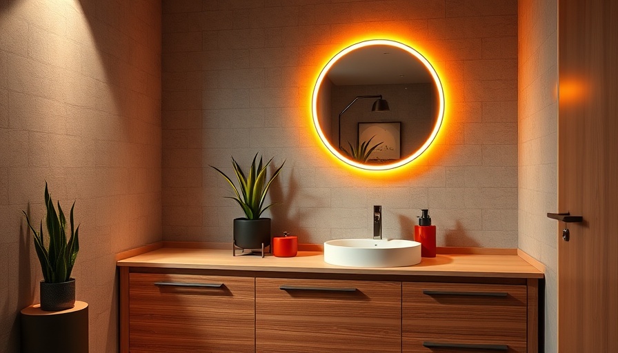 Modern bathroom vanity with orange accents and decor