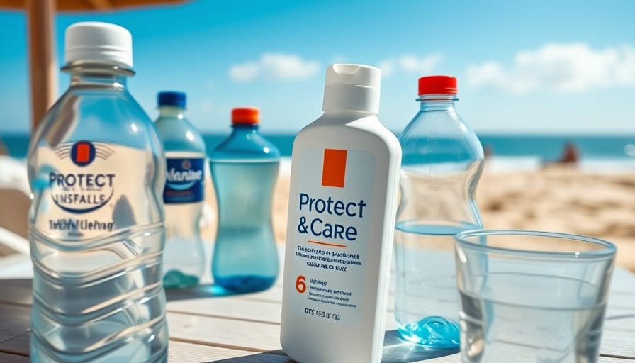 Sunscreen bottle on beach table, highlighting environmental impact.