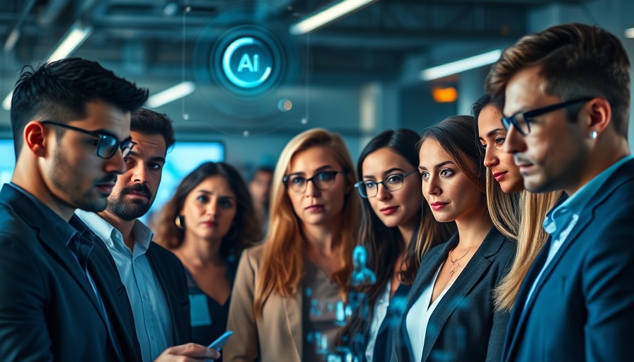 Diverse professionals retraining with AI tech in a modern office.