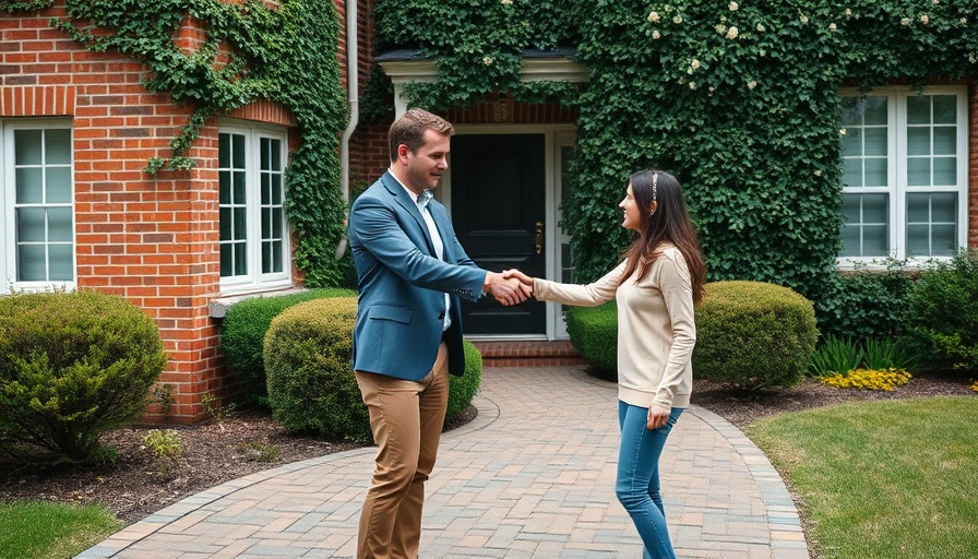 Realtor and couple closing on a house, ivy-covered brick home in background.