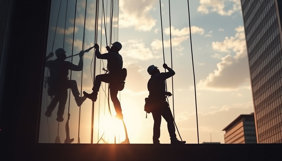 Maintenance workers cleaning building facade reflecting sky, US housing agency rehiring staff.