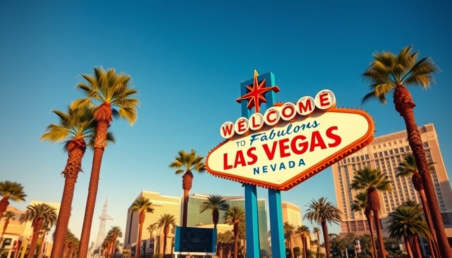 Bright Las Vegas sign and palm trees under blue sky.
