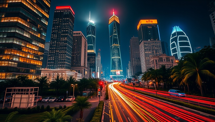 Urban nightscape with skyscrapers and light trails, homes for sale.