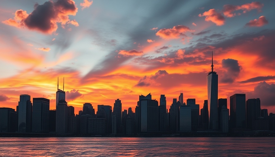 Dramatic city skyline at sunset reflecting on water.