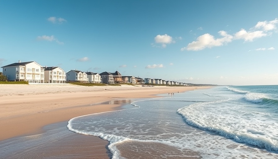 Beachfront homes for sale along a sandy shore with gentle waves.