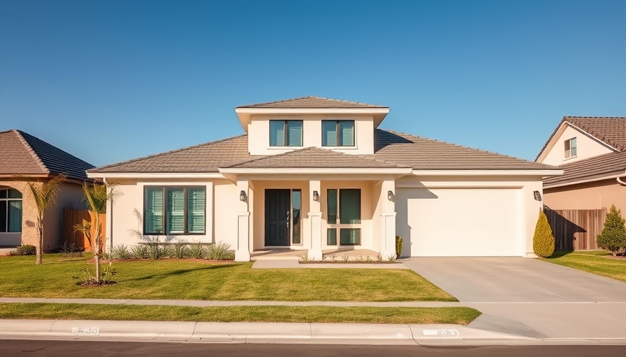 Modern suburban house front view under clear blue sky.