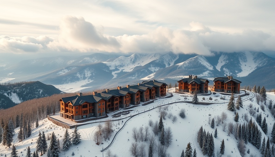 Aerial view of snowy mountain resort with vacation homes.