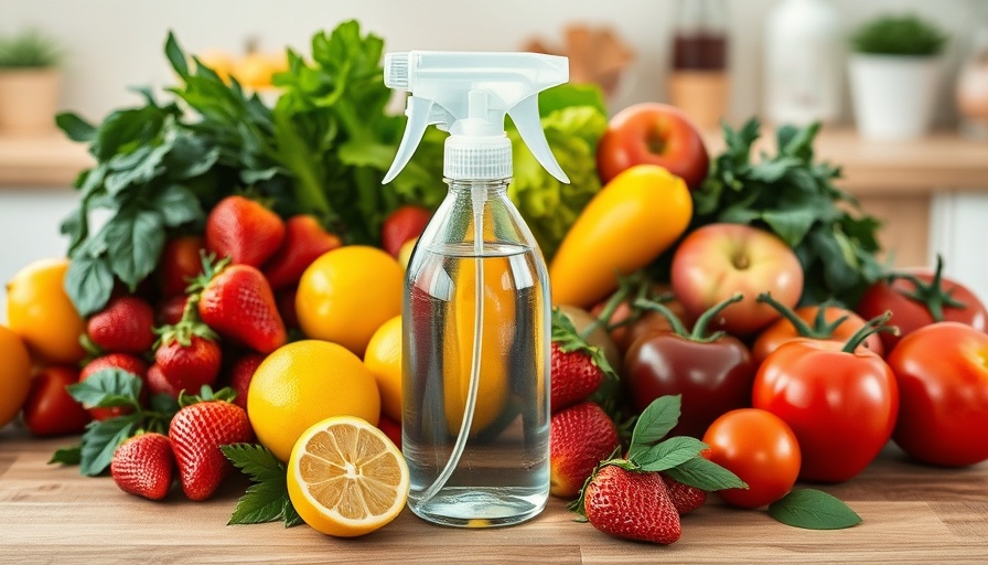 Clear spray bottle with fresh produce for homemade vegetable wash recipe.