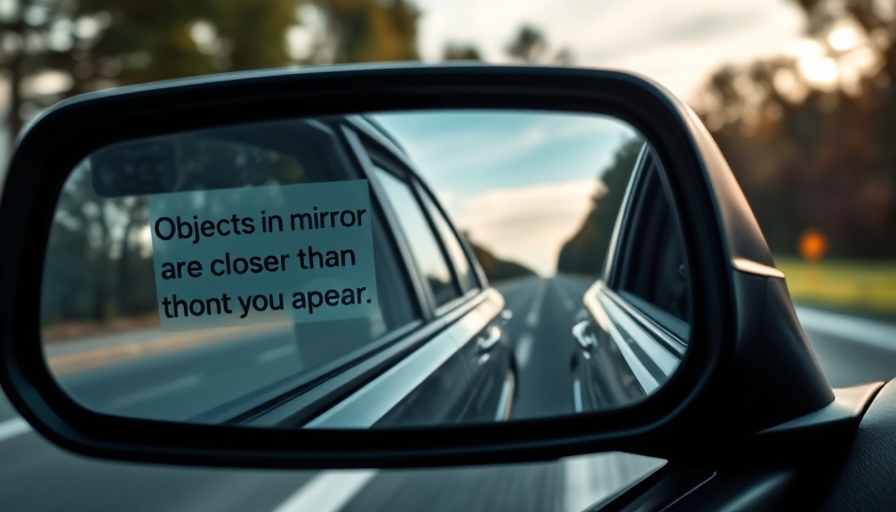 Close-up of car sideview mirror with highway, showing sideview mirror warnings.