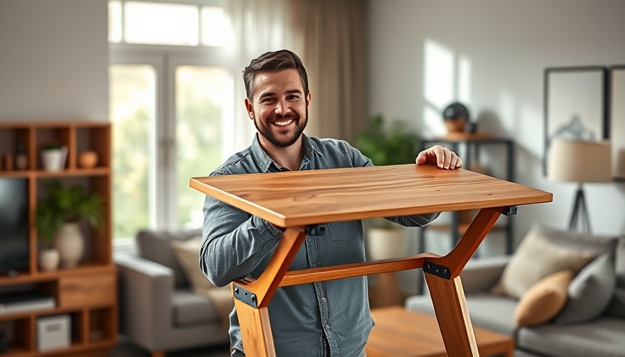 Man assembling portable standing desk in modern living room.