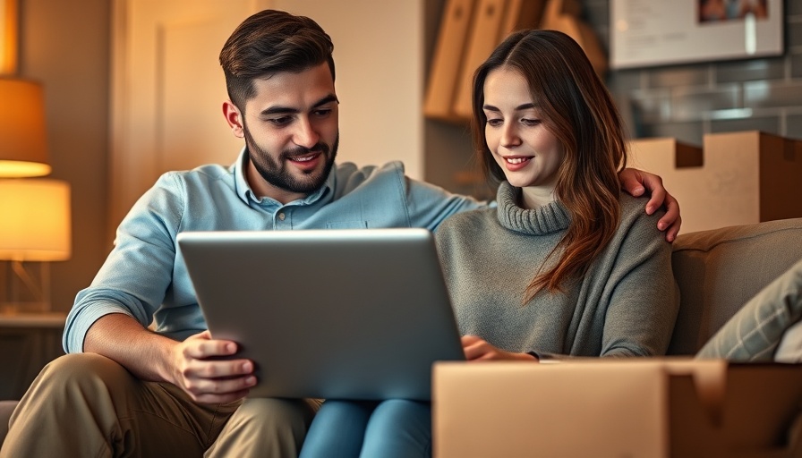 Couple reviewing documents on a laptop, moving boxes in home setting.