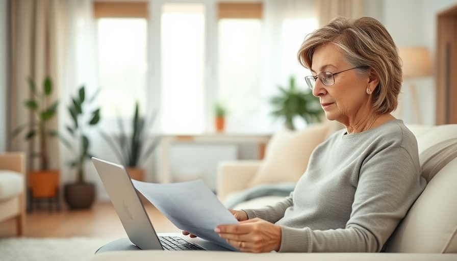 Mature woman reviewing house offers on laptop, modern living room.