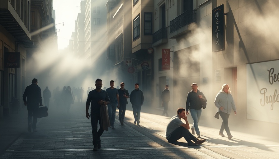 Urban scene highlighting heat risks, mist cooling system.