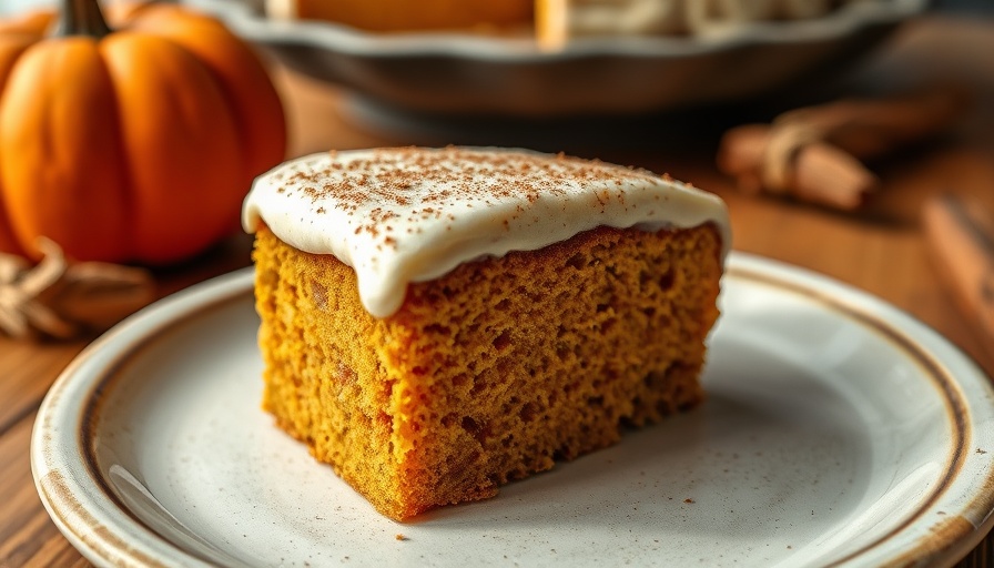 Pumpkin cake slice with cinnamon frosting on a plate.