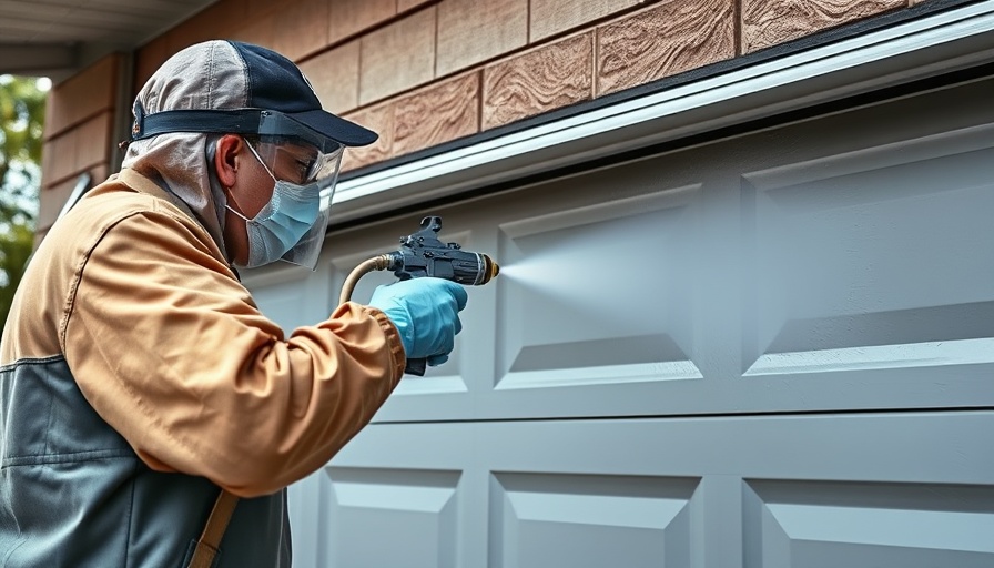 Person painting a garage door with a spray gun, how to paint a garage door tutorial.