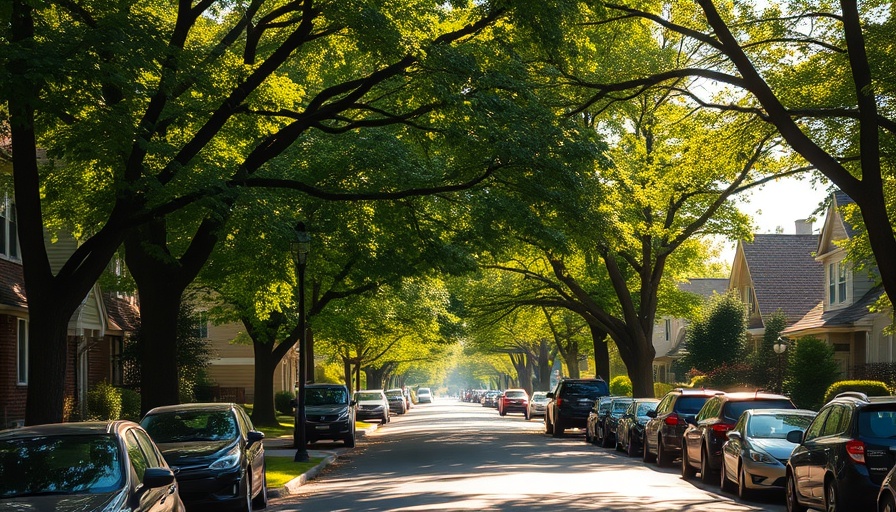 Serene suburban street in Sacramento with lush trees and sunlight.