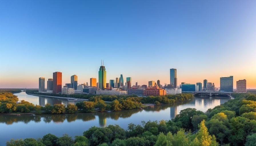 Panoramic view of Austin skyline over water, homes for sale Austin TX.