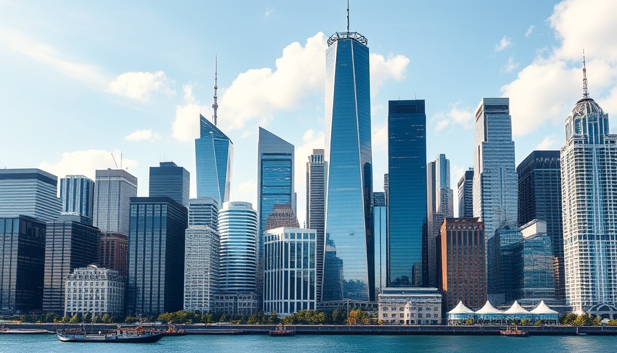 Modern urban skyline with skyscrapers and waterfront.