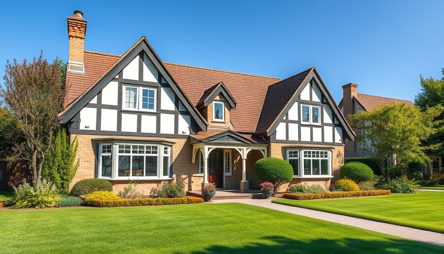 Charming Tudor house against clear sky, lush lawn, vibrant plants.