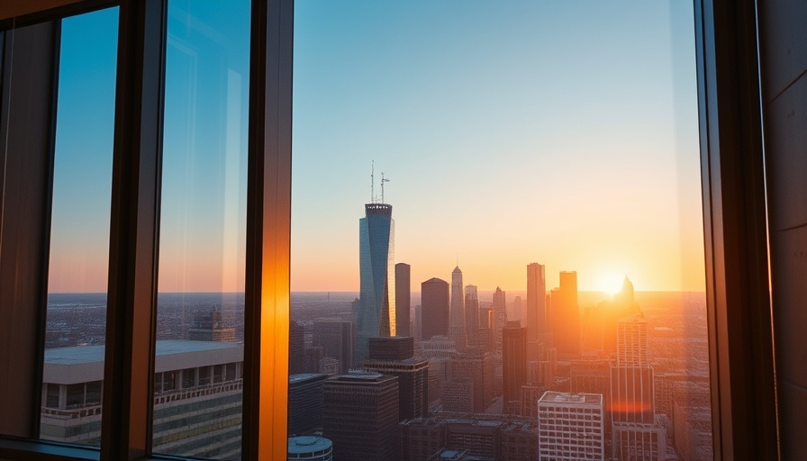 Houston's skyline from a high-rise window at sunset.