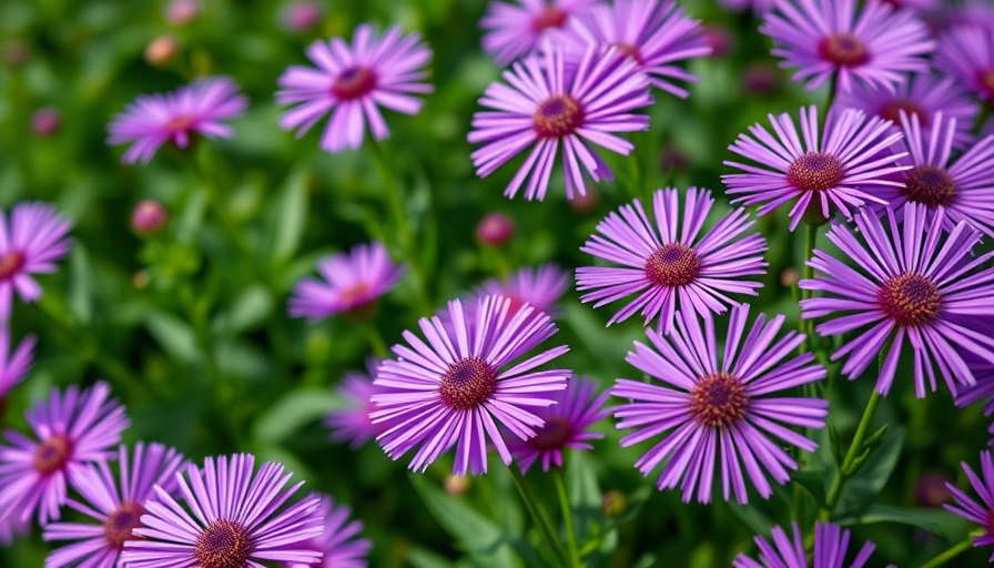 Vibrant fall-blooming purple asters in lush garden.