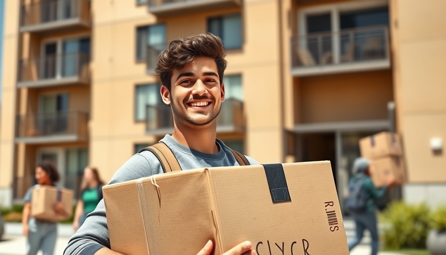 Student moving boxes into off-campus housing on a sunny day.