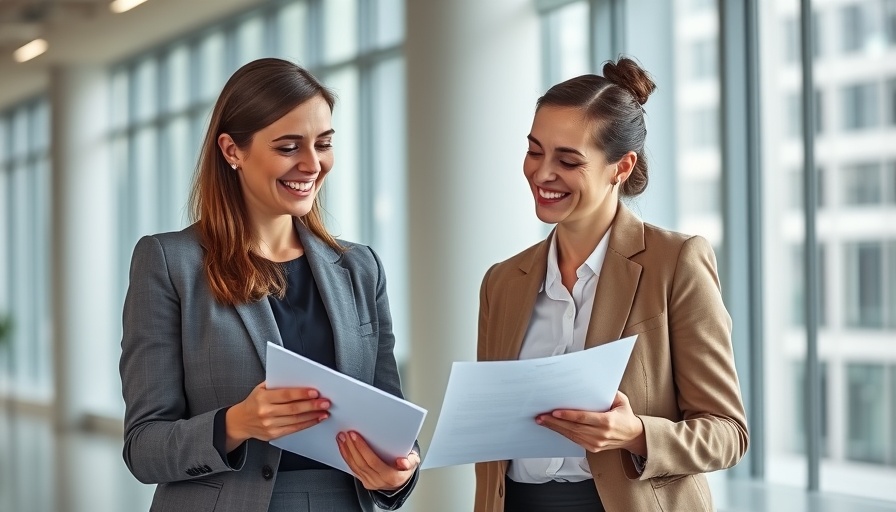 Professional women discussing documents, smiling in office setting.