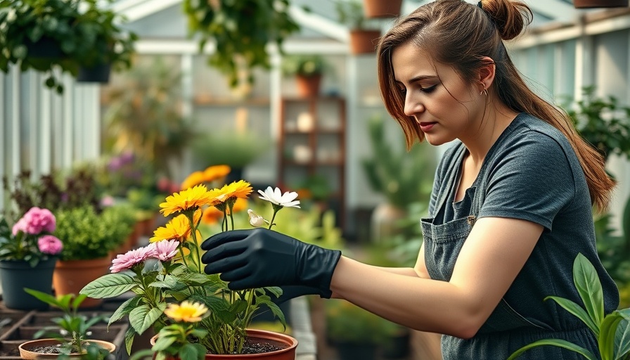 Woman planting flowers with gardening gloves indoors