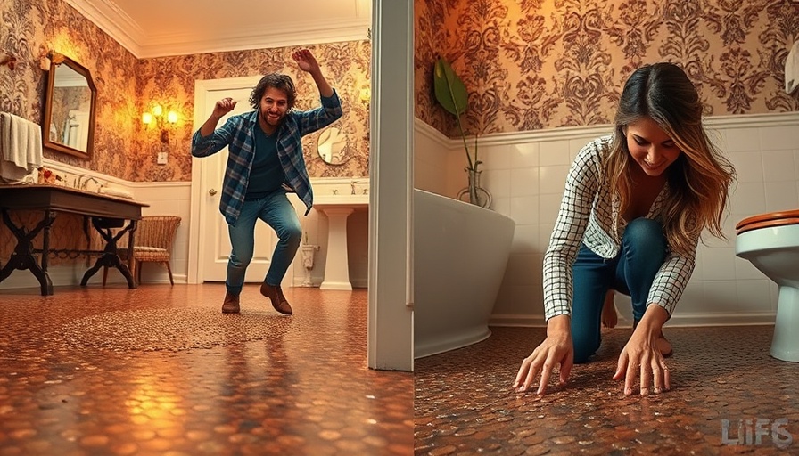 DIY home decor split image with man talking and penny flooring project.