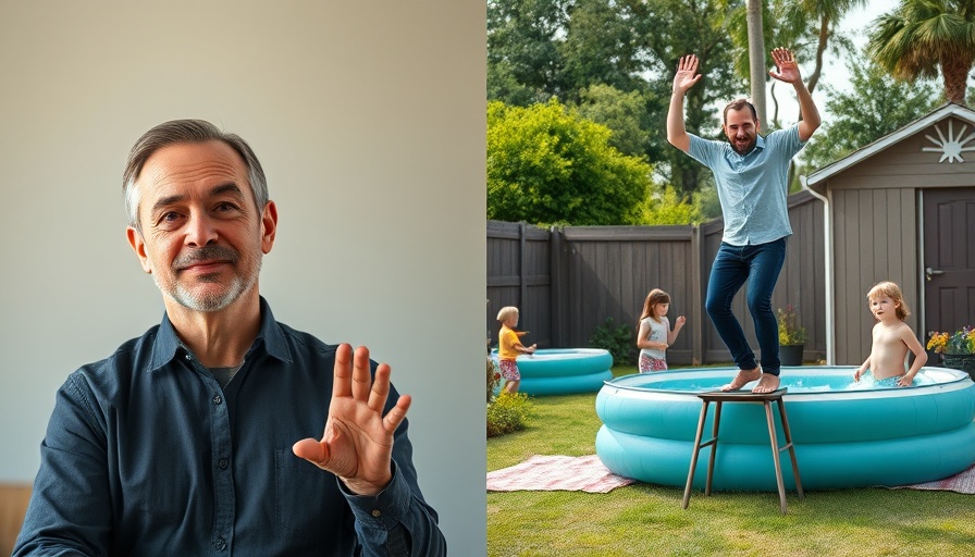 Casual man gesturing indoors and humorous backyard DIY scene