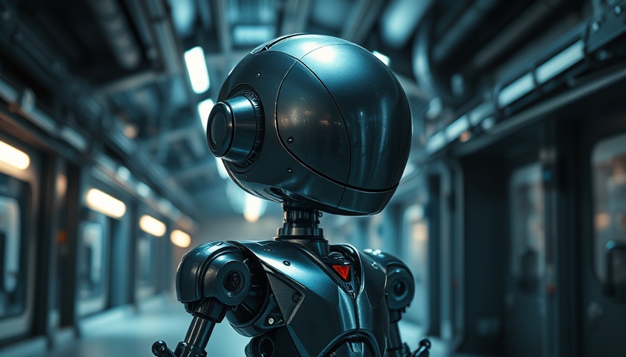 Investing in monopolies concept with futuristic robot in dim corridor.