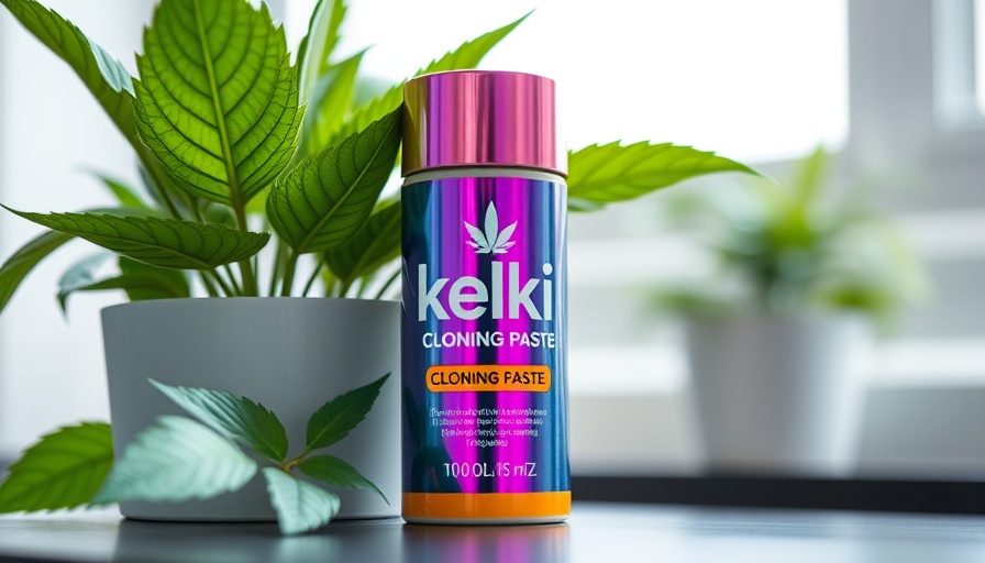 Keiki paste for plants beside a leafy green plant indoors.