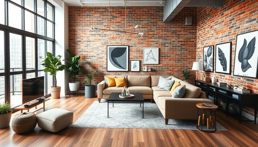 Modern living room in a loft-style home for sale with natural light.