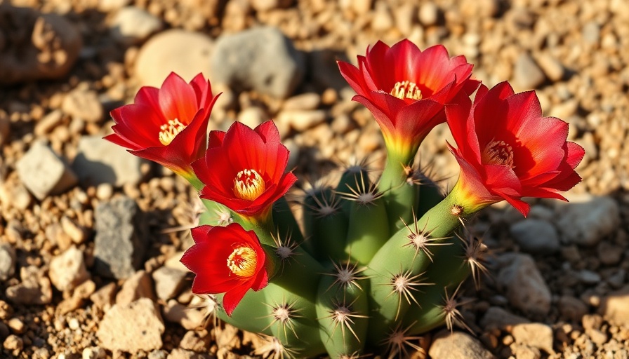 Vibrant claret cup cactus with red blooms in desert setting.